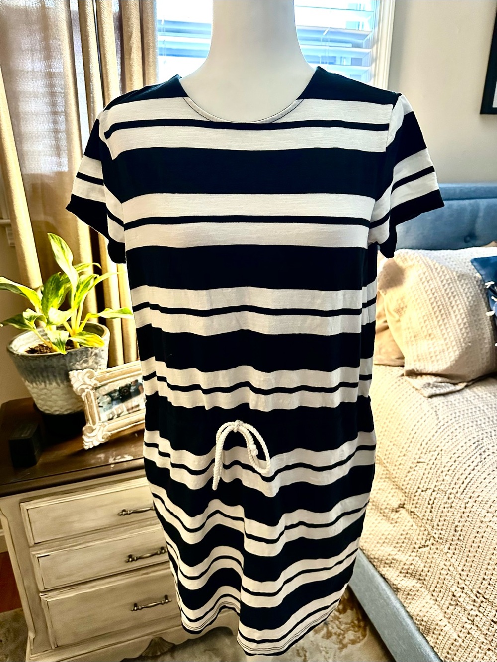 Lands' End Black and White Striped Tie-Waist Midi Dress